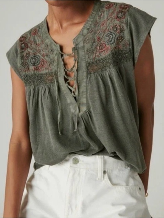 Lucky Brand Tops - Lucky Brand Embroidered Lace-Up Boho Peasant Top in Charcoal Gray Size XS